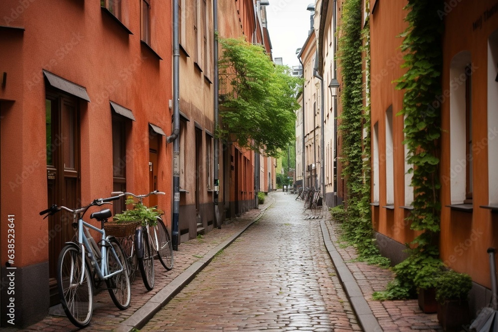 Nostalgic lane lined with Swedish buildings in Malmo old town; Nordic charm showcased by cobblestones and bicycles. Generative AI