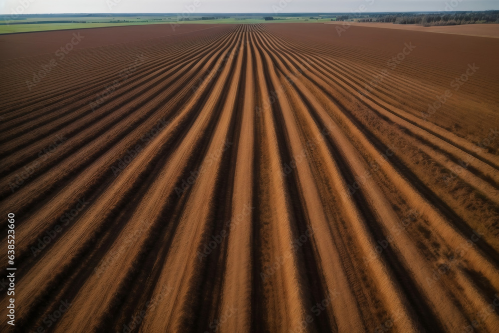 Naklejka premium Aerial view ; Rows of soil before planting. Furrows row pattern in a plowed field prepared for planting crops in spring. Aerial view of land prepared for planting and cultivating the crop