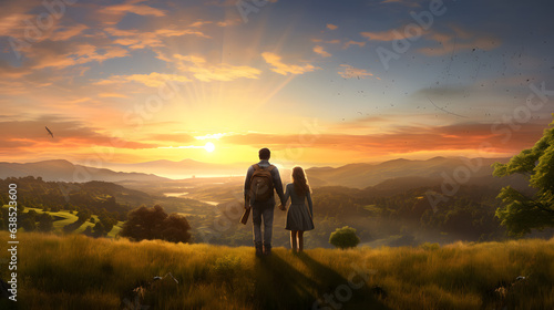 couple holding hands and walking up a hill at sunset