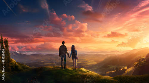 the couple are standing on the hill in the sunset
