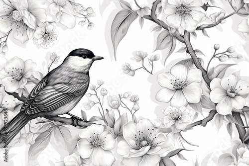 Monochrome flower and bird pattern, perfect for decorative backgrounds. Generative AI