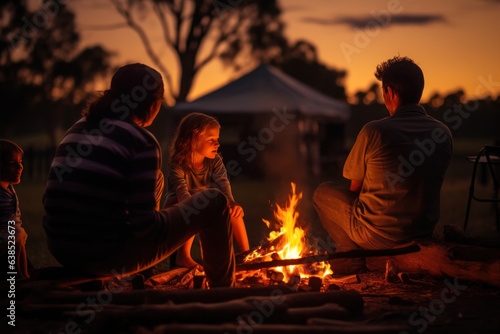 Family Sitting Around Campfire in Wilderness