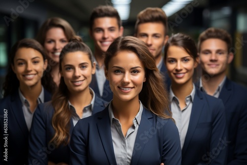 Portrait of smiling business team standing in corridor of modern office building