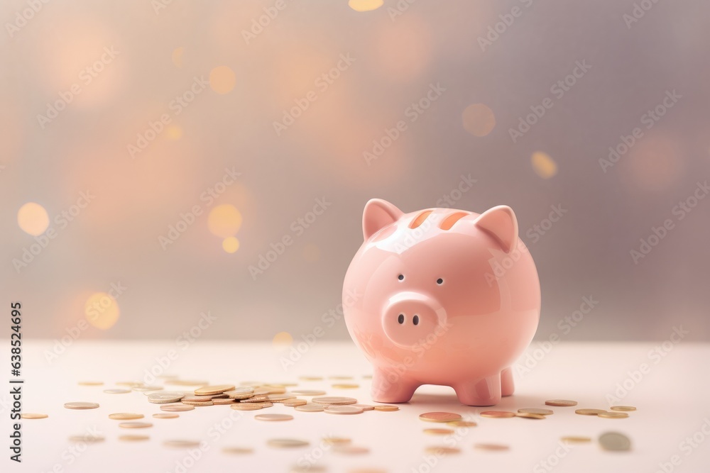 a pink piggy bank sitting on top of a pile of coins
