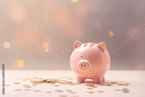 Obraz na płótnie a pink piggy bank sitting on top of a pile of coins w salonie