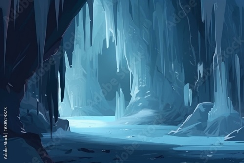 Illustration of an ice cave ecosystem with frosty stalactites and natural light. Concept art of frozen blue and icy interior. Generative AI