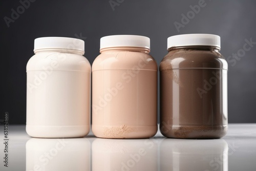 Protein powder jars alone against a white backdrop. Generative AI