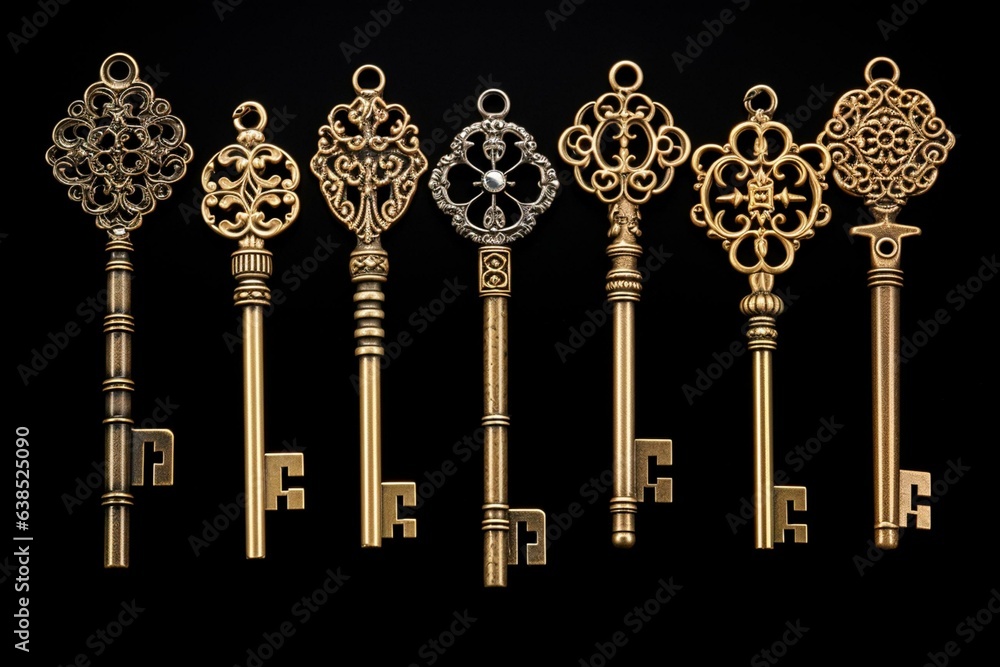 A luxurious assortment of ornate skeleton keys adorned with VIP markings and intricate designs, arranged on elegant golden chains. Generative AI
