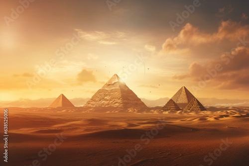 Sun-kissed pyramids amid sandy desert. Generative AI