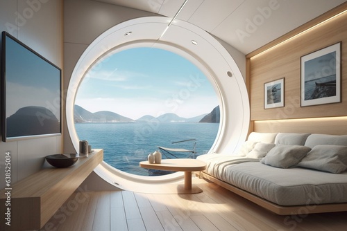 Contemporary cabins with spacious circular porthole window in yacht interior. Generative AI