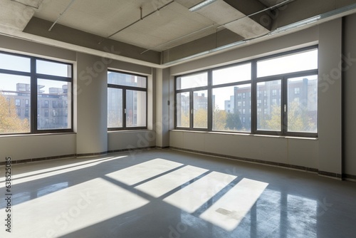 Bright  unoccupied area with natural lighting and large transparent window. Generative AI
