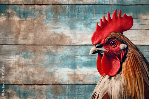 Rooster with brown plumage is crowing against wooden wll background Fototapeta
