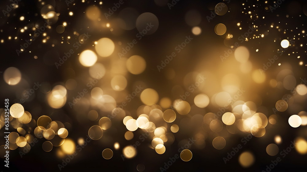 Golden bokeh, raining light, blurry lights, blurry background, gold confettis on a black background, yellow and orange, night lights, city lights, haze, depth of field, round bokeh, circle bokeh - obrazy, fototapety, plakaty 