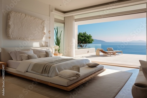Stunning bedroom showcasing a white bed overlooking the sea. Generative AI
