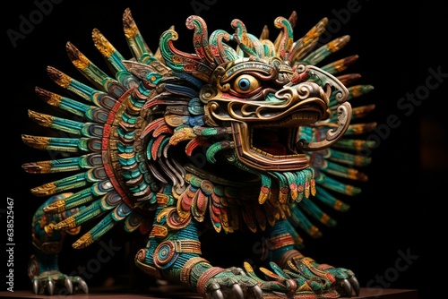 Representation of Quetzalcoatl, a deity in Maya and Mesoamerican traditions portrayed as a serpentine figure adorned with magnificent plumes. Generative AI