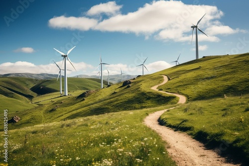 Wind turbines harness renewable energy in a scenic setting. Generative AI