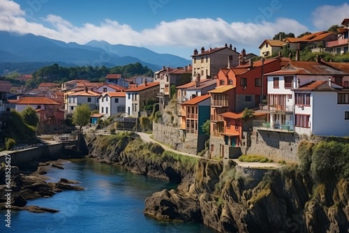 Pola de Siero: The Spanish town in Asturias region against a backdrop. Generative AI photo
