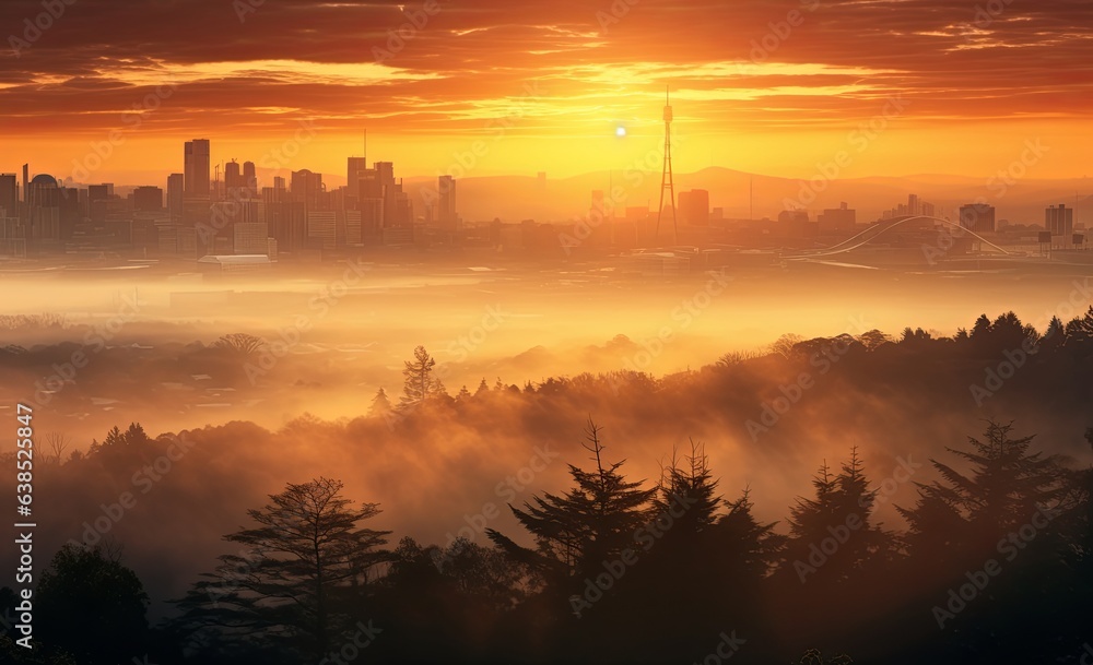 The dense fog city in the sunset is beautiful and spectacular