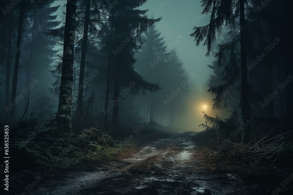 Misty, foggy rural path with glowing lights in a spooky forest clearing. Keywords: rural, muddy, misty, foggy, glowing lights, woods, forest, spooky. Generative AI