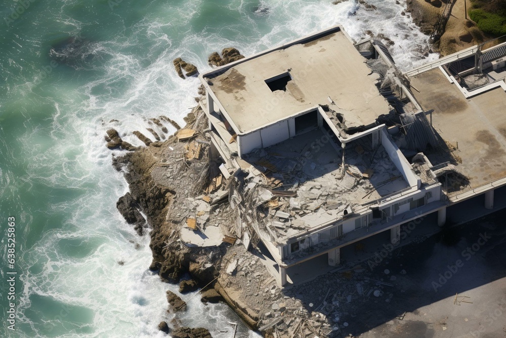 Overhead view of a tsunami-damaged building. Generative AI