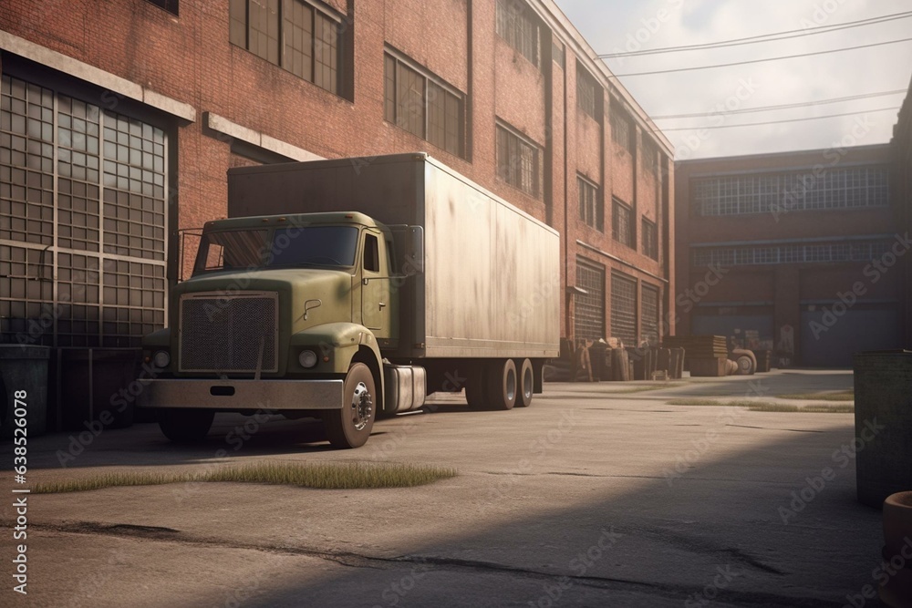 3D representation: cargo truck outside warehouse. Generative AI