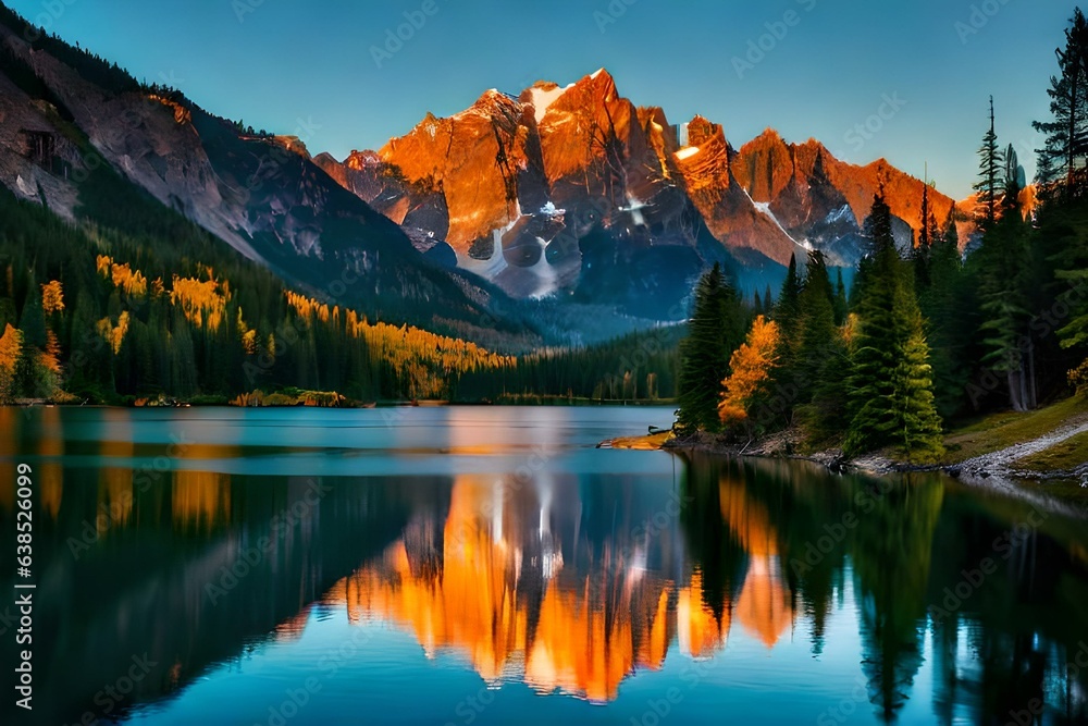 At the break of dawn, the serene reflection of a snow-capped mountain glistens in the calm waters of a pristine alpine lake. The surrounding forest is painted with hues of gold 