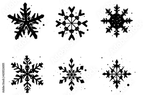 Grunge lino cut snowflakes stamps collection pack. Distressed textures set. Blank geometric shapes. Vector Illustration.