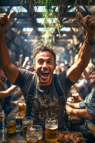 A young man laughs loudly and raises his hands up in a bar-restaurant against the background of a large crowd of visitors