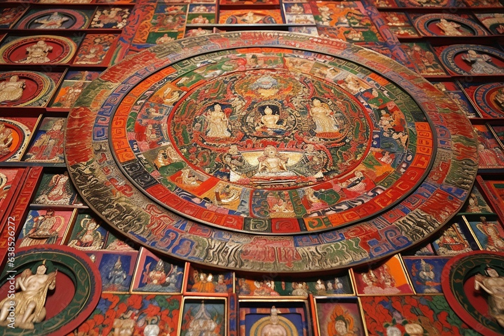 Artwork of Himalayan thangkas and meditation mandalas. Generative AI