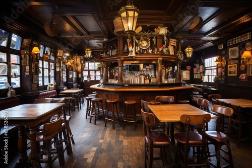 Lively pub with a spacious beer bar, featuring a long table and ample seating. Generative AI