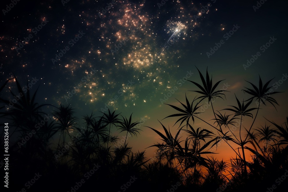 night sky with weed leaf fireworks. Generative AI