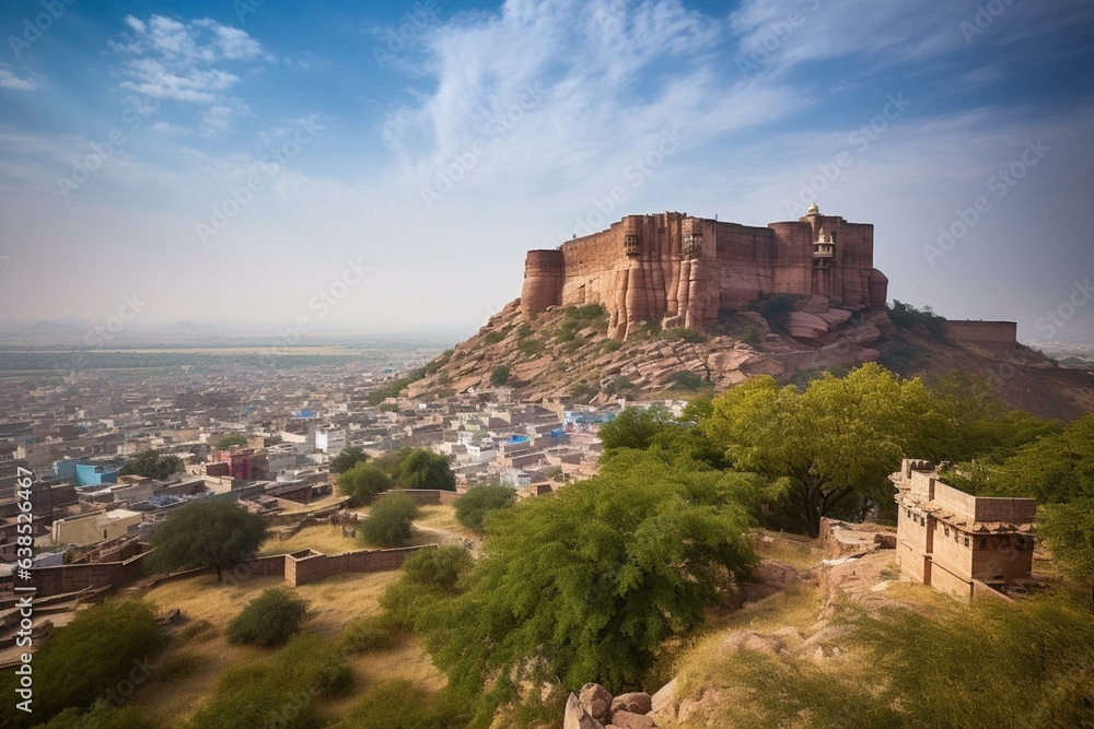 View of Mehrangarh Fort from Singhoria Hill, Jodhpur, Rajasthan, India. Generative AI