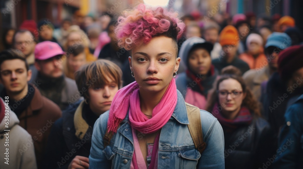 The concept of Among the crowd, beyond labels. A young, pink-haired, non-binary person who stands out among the diverse crowd. The concept of Among the crowd, beyond labels. A young, pink-haired, non-binary person who stands out among the diverse crowd.