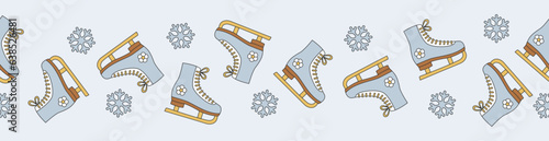 Groovy Christmas seamless border with ice skates. Figure skates and snowflakes on blue background.