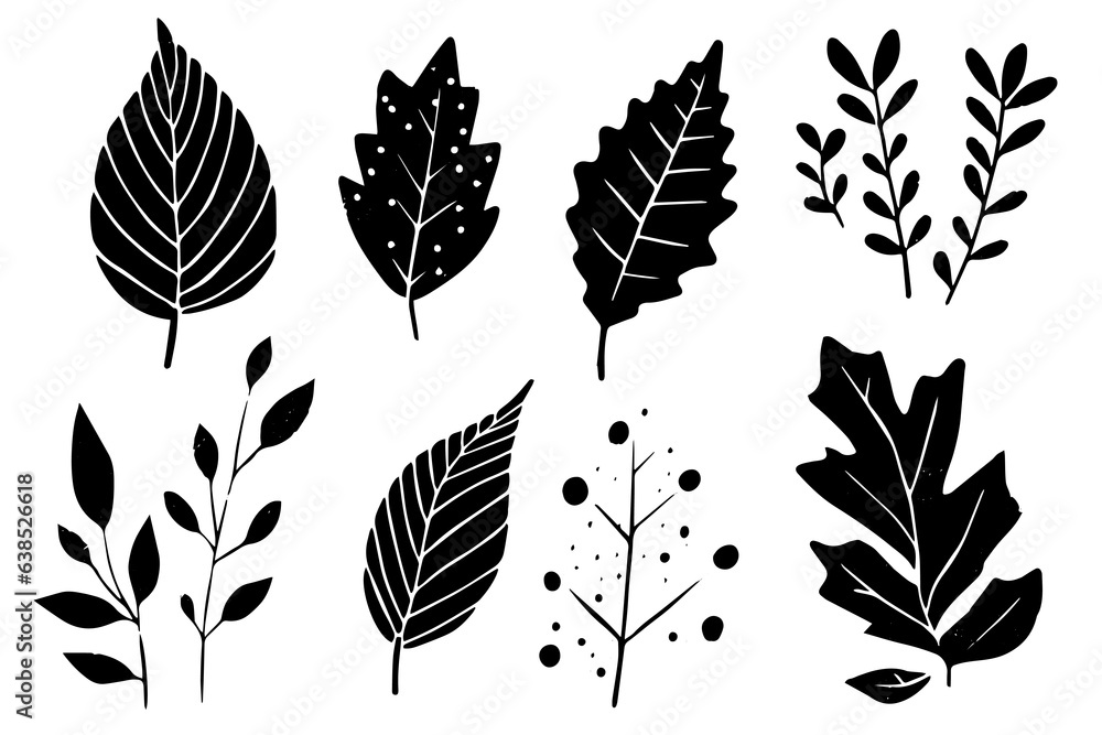 Set of lino cut vector stamp black leaves and branch imprints on white background. Hand drawn floral elements.