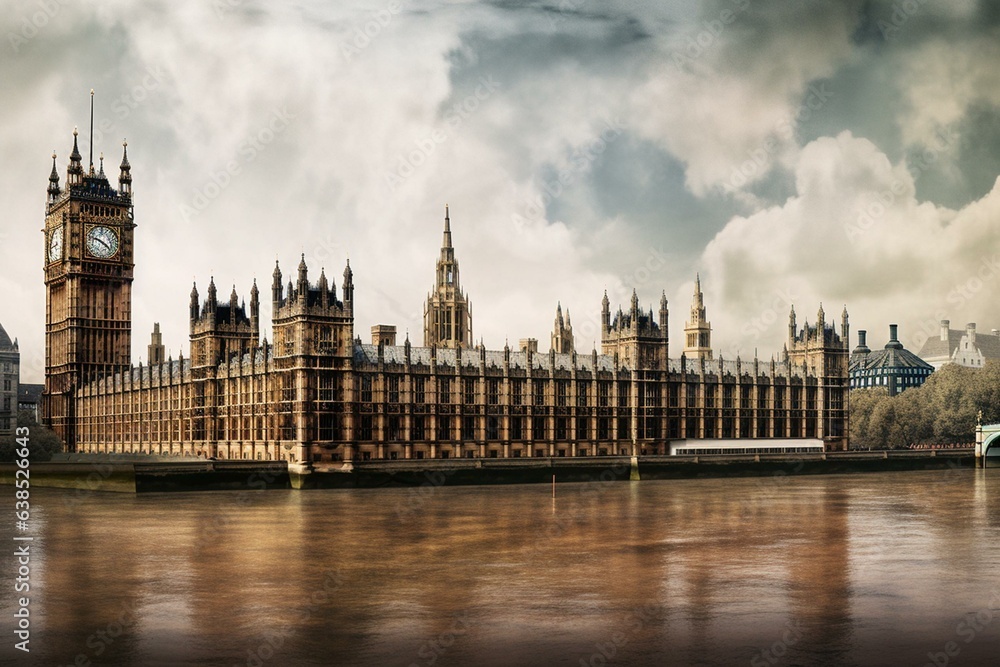 A panoramic digital artwork featuring the UK's Palace of Westminster and Big Ben. Generative AI