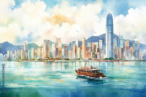 A vibrant watercolor-style illustration depicting the Hong Kong cityscape. Generative AI