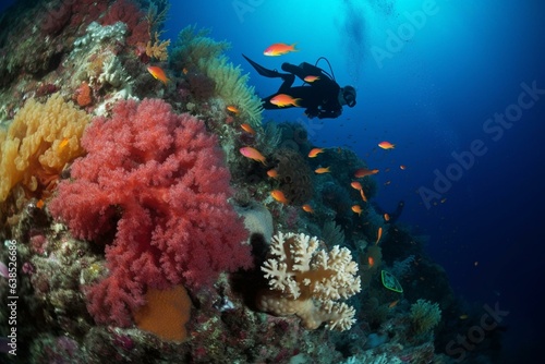 An underwater diver explores coral reefs while surrounded by marine animals. Generative AI