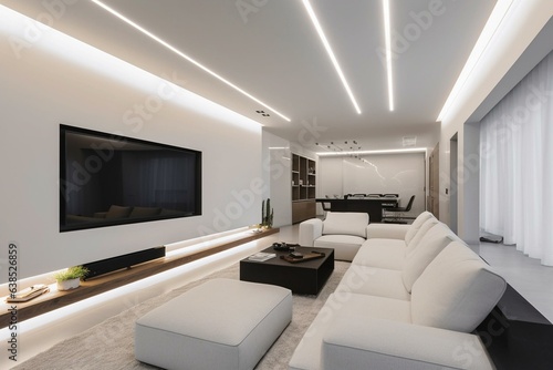 Suspended LED strip light illuminates white walled living room with down light. Interior design and technology. Generative AI