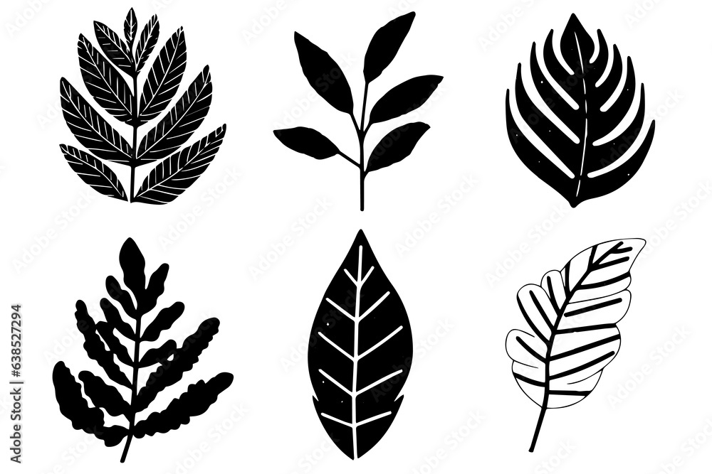 Set of lino cut vector stamp black leaves and branch imprints on white background. Hand drawn floral elements. Set of lino cut vector stamp black leaves and branch imprints on white background. Hand drawn floral elements.