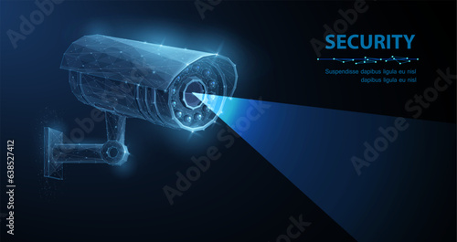 Security camera. Vector low pole illustration. Isolated on blue. Security system, smart home concept
