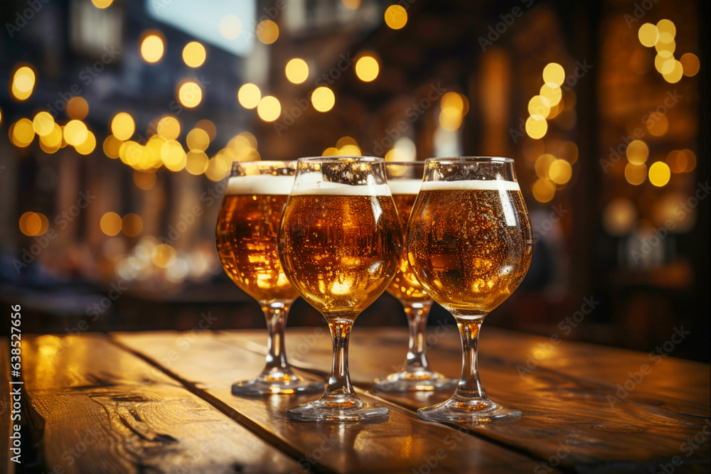 a few glasses of fresh beer on a wooden table against the background of a street cafe and garlands of lights a few glasses of fresh beer on a wooden table against the background of a street cafe and garlands of lights