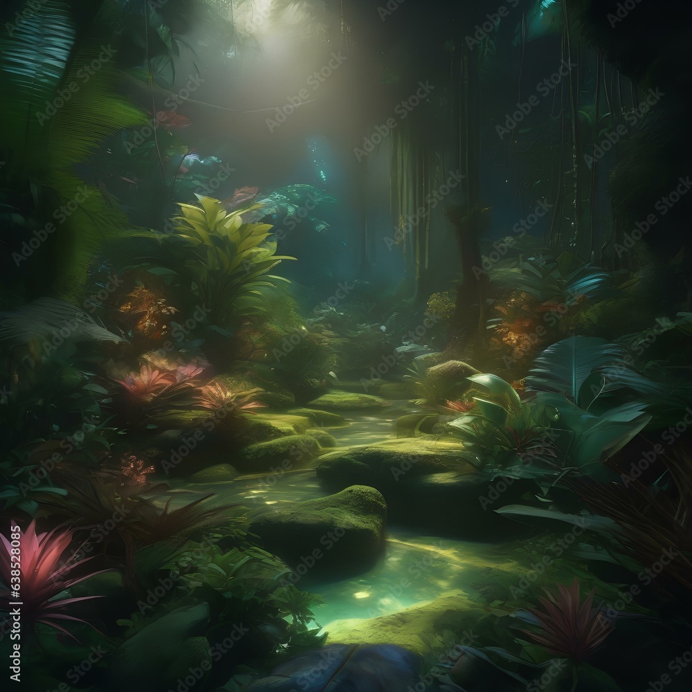 A bioluminescent jungle filled with exotic flora and fauna that emit a soft, ethereal glow2 A bioluminescent jungle filled with exotic flora and fauna that emit a soft, ethereal glow2