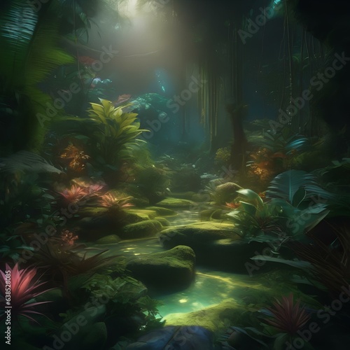 A bioluminescent jungle filled with exotic flora and fauna that emit a soft  ethereal glow2