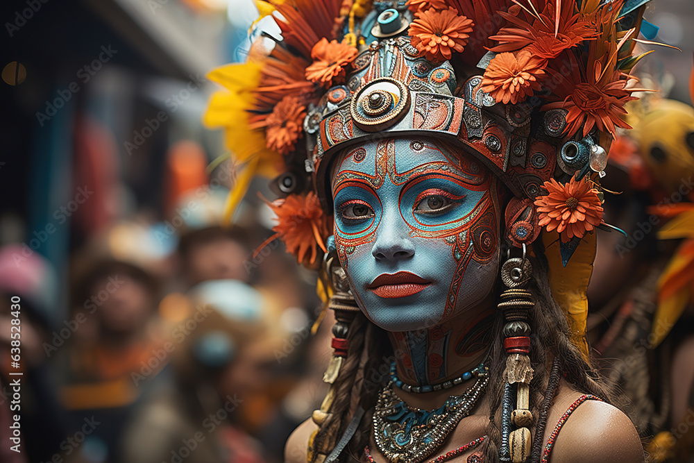 Portrait of an African American woman with painted face and African tribal style feather headdress. Portrait of an African American woman with painted face and African tribal style feather headdress.