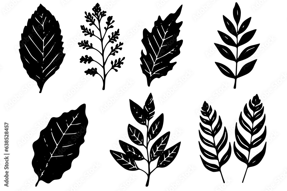Set of lino cut vector stamp black leaves and branch imprints on white background. Hand drawn floral elements. Set of lino cut vector stamp black leaves and branch imprints on white background. Hand drawn floral elements.