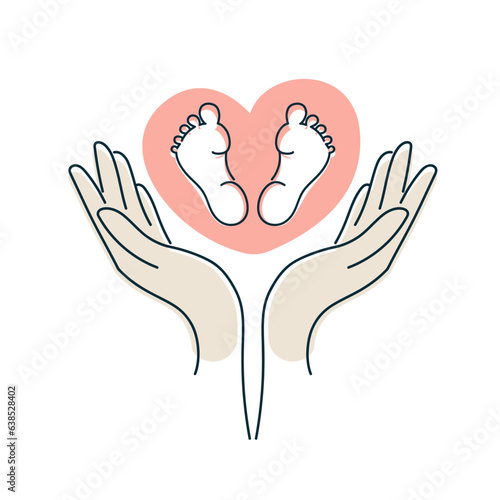 The mom's hands hold the baby's feet in a heart shape. Line silhouette.