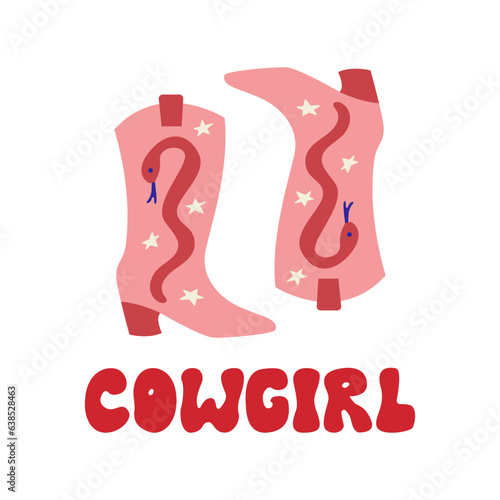 Cowgirl disco boots vector illustration and groovy lettering. Retro text in hippie 1970 style. Cowboy boots with snake and stars