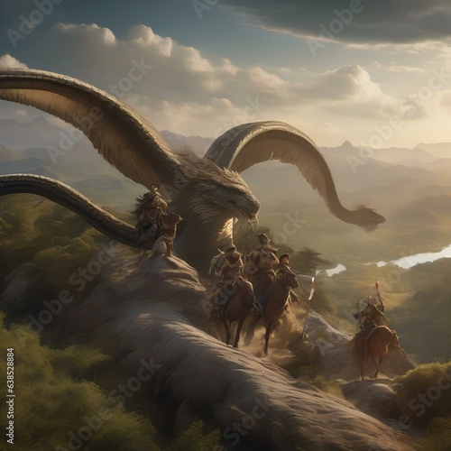A group of adventurers riding giant, feathered serpents across a vast, untamed landscape3