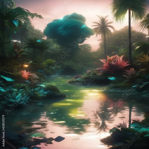 A bioluminescent jungle filled with exotic flora and fauna that emit a soft  ethereal glow4